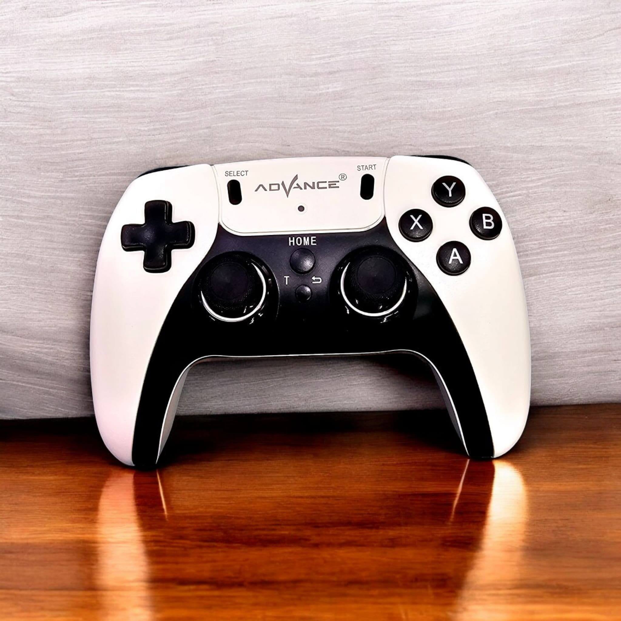 Advance AD-222 wireless game player with red HDMI stick and controller. www.usmile.com
